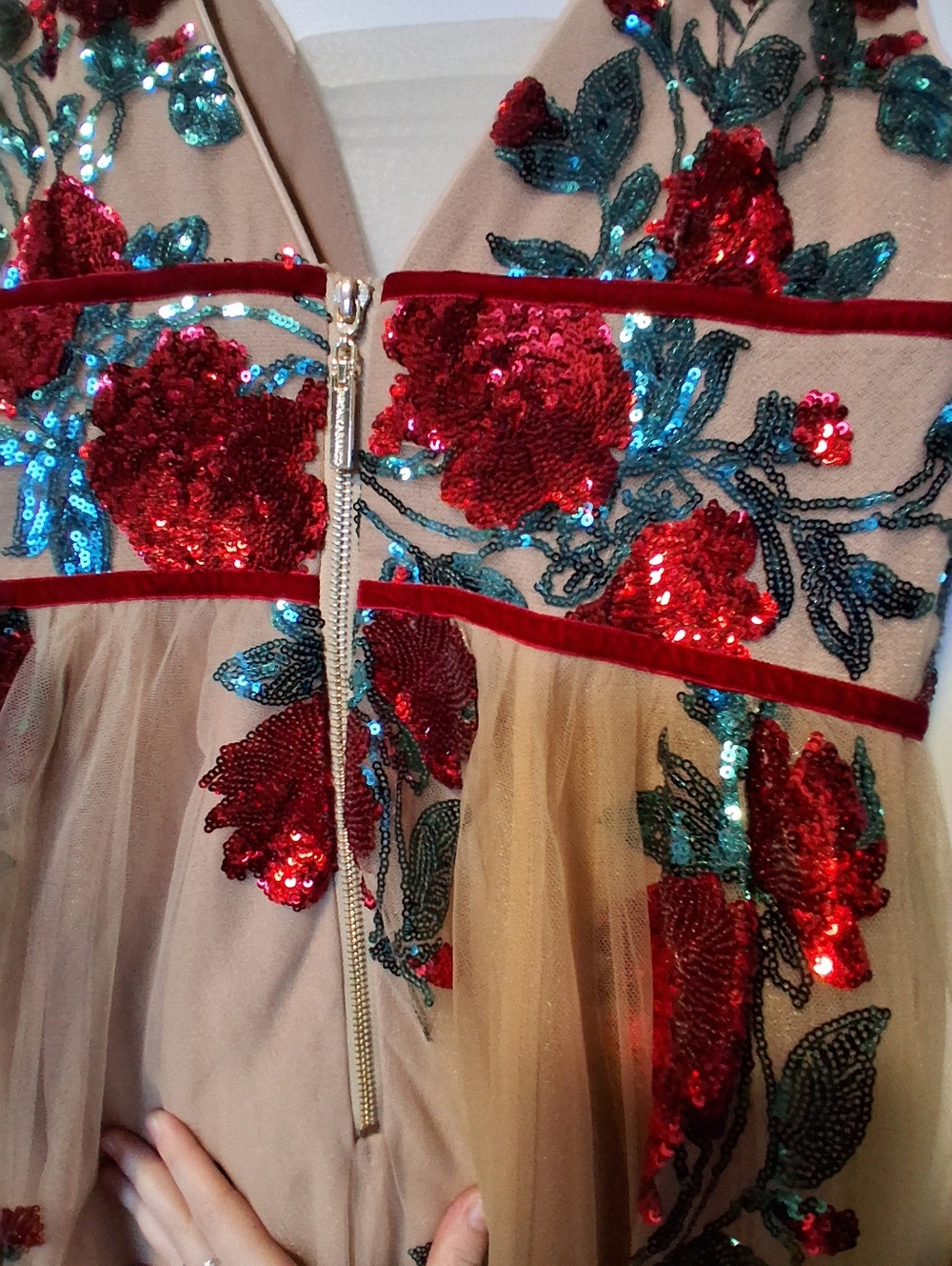 Bronx and Banco Nude Maxi Gown with Red and Green Sequin Florals - Picture 6 of 7